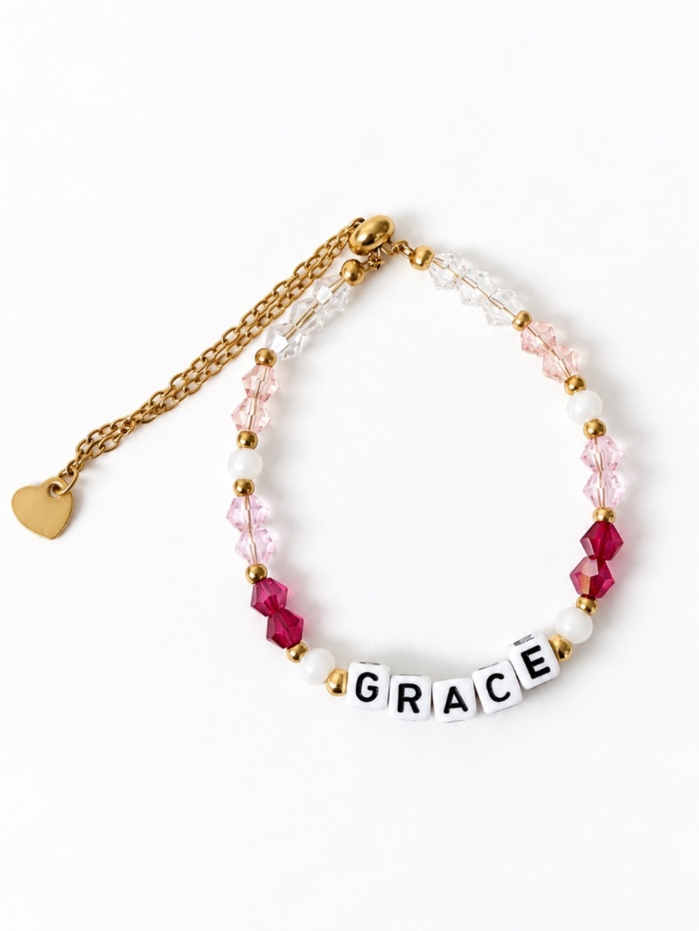 Grace Gold & Pink Beaded Word Bolo Slider Bracelet | Cancer Support Fundraiser